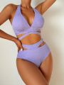 SHEIN Swim Basics Women's Solid Color Textured Swimsuit Set