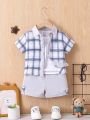 Baby Boys' Fashionable Casual Artistic Design Striped Print Shirt And Shorts Set