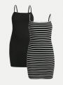 SHEIN Girls' Teen Knitted Solid Color Striped Slip Dress Two-piece Set