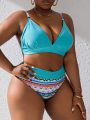 SHEIN Swim BohoFeel Plus Size Geometric Printed Splicing Swimsuit Set