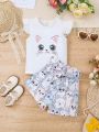 Young Girl's Cartoon Pattern Ruffle Hem T-Shirt With Paper Bag Waist Belted Shorts 2pcs-Set