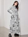 SHEIN Mulvari Women'S Long Sleeve Dress With Stand Collar And Slogan Print Design