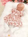 SHEIN Newborn Baby Girls' Floral Pattern Doll Collar Long Sleeve Dress With Cinching Waist