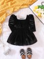 Baby Girl Puff Sleeve Square Neck Velvet Dress