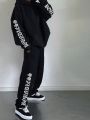 Men Plus Letter Graphic Drop Shoulder Hoodie & Sweatpants