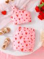 SHEIN Kids QTFun Little Girls' Love Heart Printed Vest Top And Skirt Set