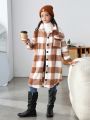 SHEIN Tween Girl Buffalo Plaid Print Drop Shoulder Flap Pocket Teddy Coat