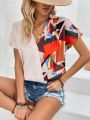 Printed Patchwork Wrap Blouse