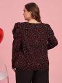 SHEIN Clasi Plus Size Women Valentine's Day Love Heart Pattern Leg Of Muttons Sleeve Shirt