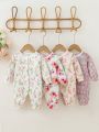 4pcs/set Baby Girls' Floral Printed Romper Jumpsuit Set