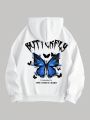 Plus Butterfly & Slogan Graphic Kangaroo Pocket Drawstring Thermal Hoodie