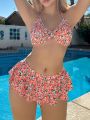 SHEIN Swim Mod Floral Print Front Knot & Ruffle Trimmed Bikini Set