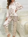 Floral Print Contrast Piping Satin PJ Set