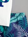 SHEIN Teen Boys' Casual Slim Fit Swimwear Set With Tropical Leaves & Letter Print T-Shirt And Shorts, Suitable For Swimming