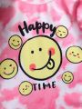 3pcs/set Spring Summer Baby Girls' Denim Vest, Pink Smiling Face Printed T-shirt, Light Washed Shorts Outfit Set