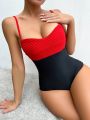 SHEIN Swim BAE Women's Contrast Color Pleated One-piece Swimsuit