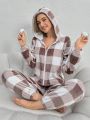 Women's Zip-up Plush Plaid Pattern Sleepwear Jumpsuit