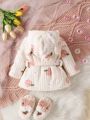 Baby Girl Peach Embroidery 3D Ears Design Hooded Belted Coat