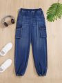 SHEIN Teen Boy's Cargo Denim Pants With Side Pockets, Washed, Elastic Waist, Comfortable Fit, Slim Fit