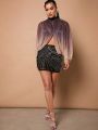 Pretty on the Outside Ombre Glitter Pleated Mock Neck Top