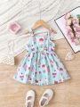 SHEIN Baby Girl's Casual And Cute Ice Cream Pattern Color Block Dress With Bowknot Shoulder Straps