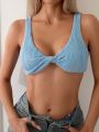 SHEIN Swim Basics Women's Textured Twist Knot Blue Bikini Top