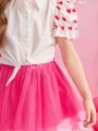 SHEIN Kids CHARMNG Young Girl's Heart Print Puff Sleeve Top Mesh Skirt Set, Perfect For Party And Holiday In Summer