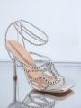 Metallic Rhinestone Decor Stiletto Heeled Sandals