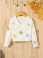 SHEIN Kids EVRYDAY Girls' Casual Slim Fit Long Sleeve V-neck Pullover Sweater With 3d Handmade Floral Decor