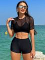 SHEIN Swim SPRTY 2pcs/set See-through Mesh Splice Swimwear