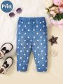 SHEIN Baby Girl Casual Faux Denim Polka Dot Print Elastic Waist Trousers