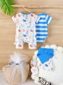 SHEIN Newborn Baby Boys' Summer Animal Print Romper + Striped Bodysuit + Hat + Bib Set