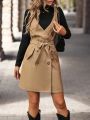 Women's Solid Color Double-breasted Belted Vest And Coat Two-piece Set