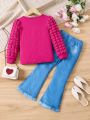 Young Girl Heart Print Puff Sleeve Tee & Bow Front Raw Cut Flare Leg Jeans