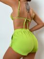 SHEIN Swim Basics Women's Backless Camisole Top And Shorts Swimsuit Set