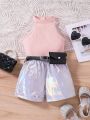 SHEIN Kids HYPEME Toddler Girls' Ribbed Knit Halter Top & Holographic Shorts 2pcs/Set With Belt And Bag