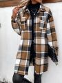 Women's Plaid Flap Pocket Long Sleeve Woolen Coat