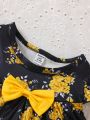 Toddler Girls' Flower Print Doll Collar Top And Yellow Shorts Set For Summer