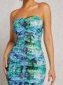 Asavvy Allover Print Ruched Tube Bodycon Dress