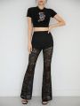 SHEINNeu Fashion Chinese Dragon Totem Rhinestone T-Shirt & Classic Black Lace Patterned Exquisite Trousers Women'S 2 Pcs Set