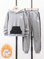 Boys' Thick Warm Hooded Sweatshirt With Printed Pocket And Casual Pants, Autumn And Winter