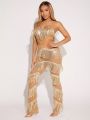 SHEIN SXY Women's Fringed Sequin Strapless Top And Pants Set