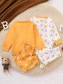 4pcs Baby Girls' Cartoon Printed Long Sleeve T-shirt And Pants Set