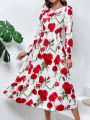 Women's Polka Dot & Rose Pattern Printed Dress