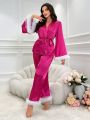 Contrast Mesh Ruffle Trim Embellished Satin Pajama Set