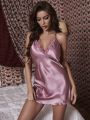 Crisscross Backless Eyelash Lace Trim Satin Cami Night Dress