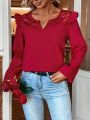 Women'S Notch Neck Lace Patchwork Blouse