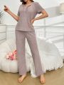 Notch V-Neck Top & Long Pants Home Wear Set With Ruffle Hem