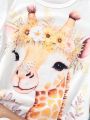 SHEIN Kids EVRYDAY Toddler Girls' Casual Round Neck Short Sleeve Slim Fit T-Shirt With Giraffe Pattern For Summer