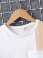 SHEIN Kids EVRYDAY Color Block Patched Pocket Tee